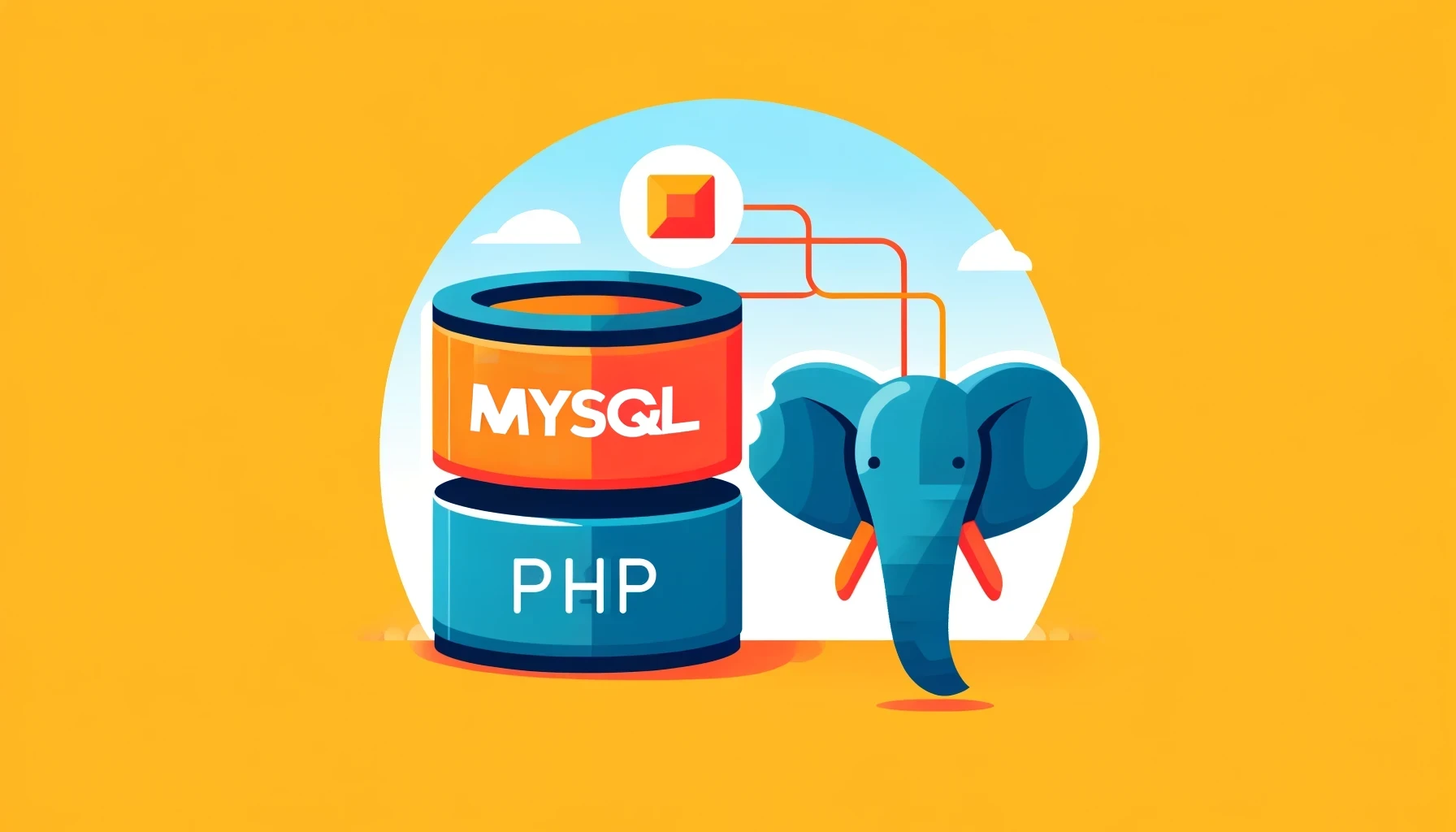 Minimalist flat design illustrating the integration of MySQL database with PHP. A large orange cylinder labeled 'MYSQL' symbolizes the MySQL database, and a stylized blue elephant represents PHP. Thin, flowing lines connect the two elements, indicating data exchange or interaction.